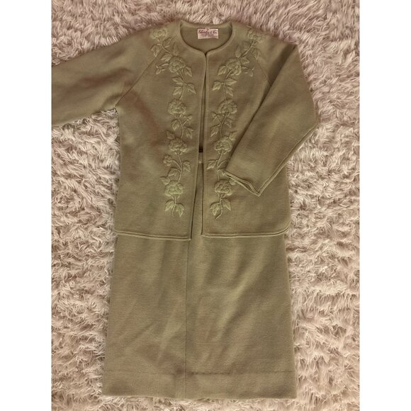 Charles & Co 100% Wool Embroidered Floral Green 2-Piece Skirt Suit Set Vintage - Picture 13 of 16